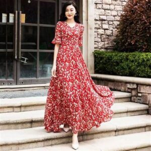 Gaun Sifon Motif Floral Modern
